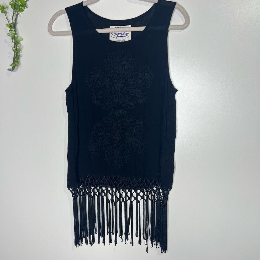 Superdry Prairie Girl Black Embroidered Tank Top Fringe Festival Shirt